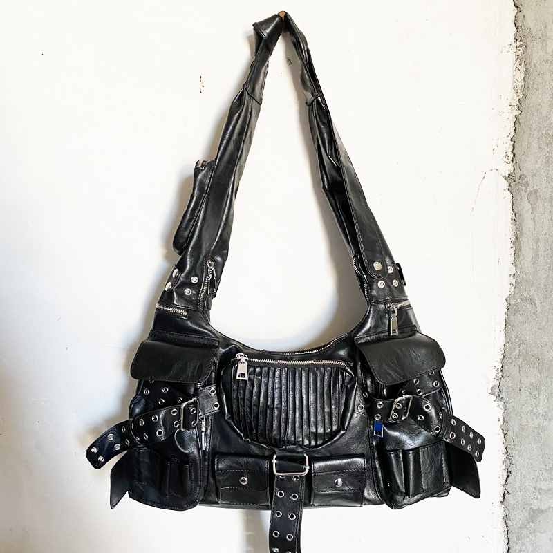 Moto Biker Bags For Women Designer Handbag And Purses 2023 New In PU Rivet Multiple Pockets Y2k Large Capacity Shoulder PU