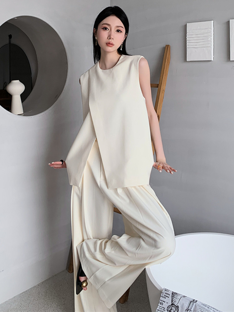 Summer 2 Piece Set Women Outfits Elegant OL Sleeveless Tank Blouse + Draping Double Pleats Pants Two Piece Sets Trousers Suits