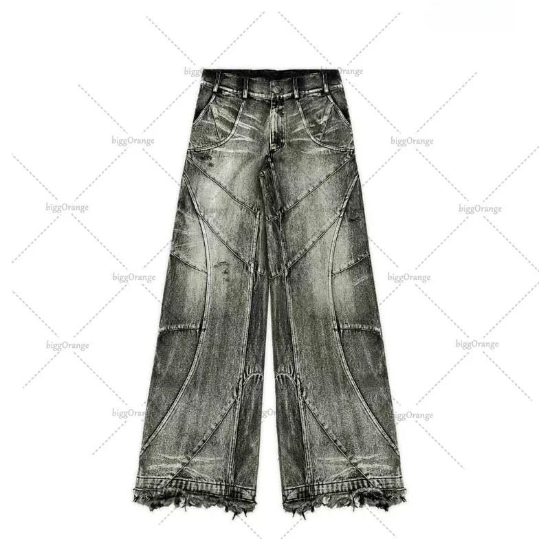 Y2k streetwear punk hip-hop jeans West workwear ripped rap style loose wash plus size clothing mens mop pants 241108