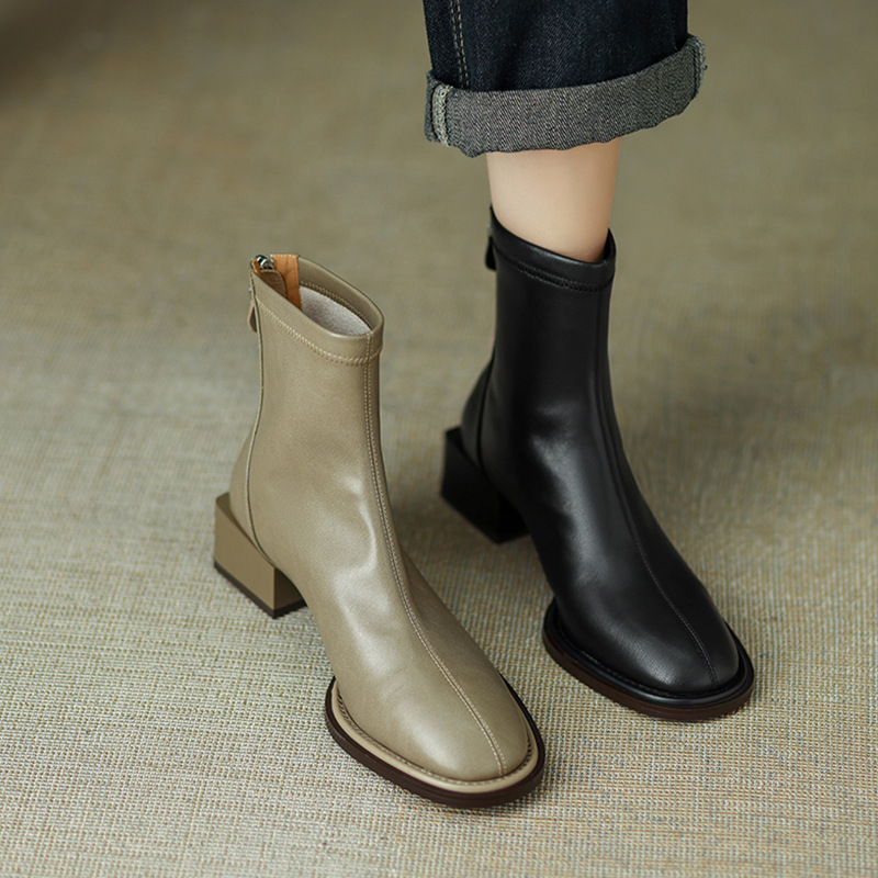 Chunky Heel Short Boots: Winter Retro Round Toe Comfort Versatile Boots for Women, Black/Grey 7b3b