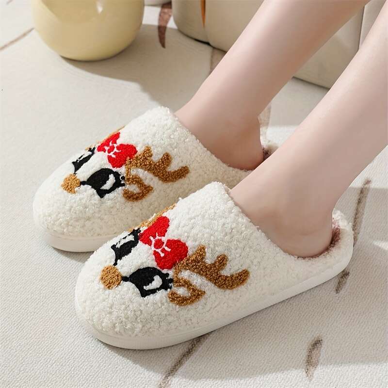 Christmas Cozy Cartoon Reindeer Plush Slippers Women - Cute, Warm & Non-Slip Indoor Shoes for Winter