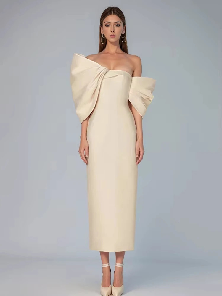 Fashion Womens Evening Dress Slash Neck Chest Wrapping 3D Bows Patchwork Slim Zipper Dresses Summer 241108