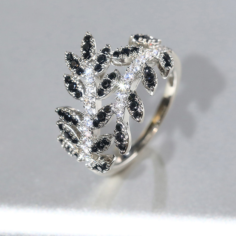 Ring fashion design black leaf diamond ring women white crystal ring white gold solitaire ring luxury jewelry