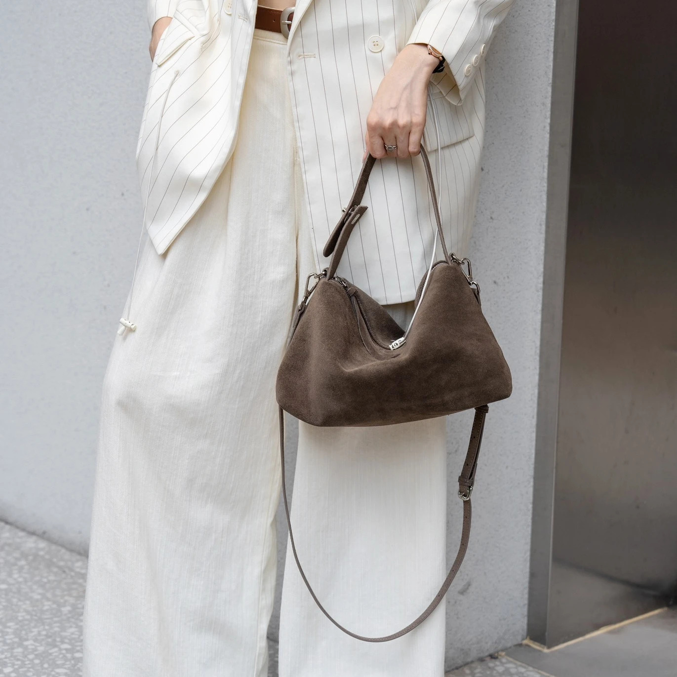 Soft Matte Suede Women's Handbag Autumn Cowhide Shoulder Crossbody Bag Simple Leather Colletion Grey Brown Tote New For Winter Genuine Leather Zi