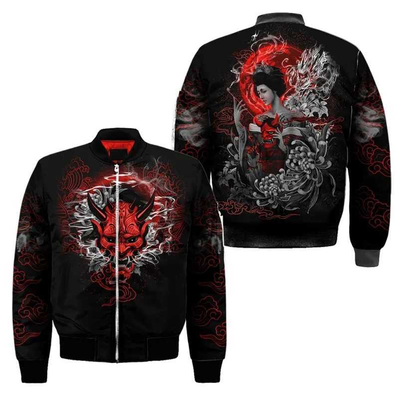 Spring and Autumn Mens Bomber Jacket Warrior Oni Mask Tattoo 3D Full Print Zipper Track Set Street Casual Zipper Jacket Clothing W241111