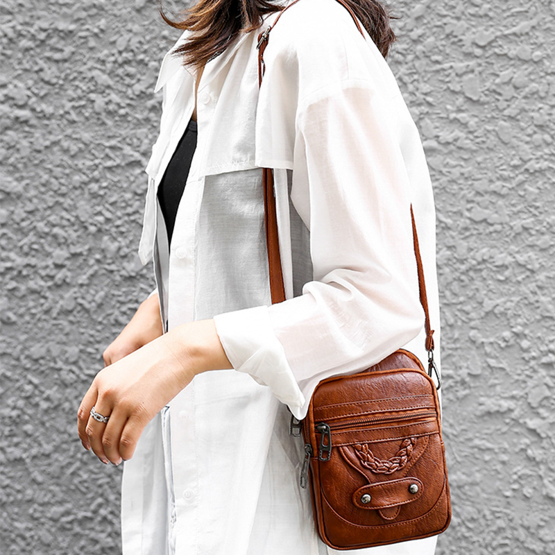Retro Women's Handbag Soft Leather Shoulder Messenger Bag Cellphone Crossbody Bag Multifunction Square Bag Shopping Purse Bolsa