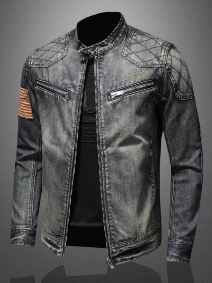 mens denim jacket trend retro fashion casual stand up collar zipper jacket handmade cyclist clothing denim top 241108