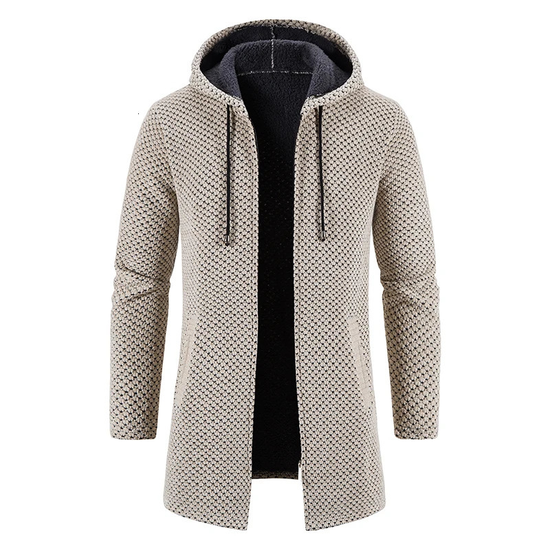 Mens Winter Trench Coat Long Knit Sweater Jacket Fleece Warm Hoodies Beige Business Casual Cardigan Zipper Jumper Overcoat 241108