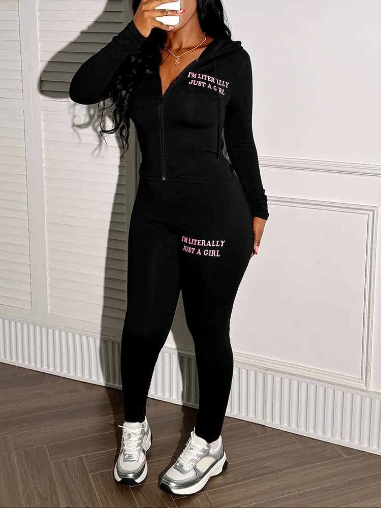 LW Tracksuit for Women Autumn Letter Print Slim Sportswear Woman Casual Hooded Tops Female Skinny Black Twopiece Pants Set 241111