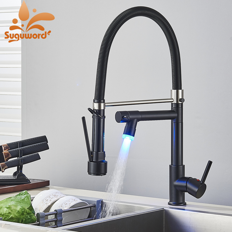 LED Kitchen Faucet Spring Pull Down Swivel Spout Spring Sink Taps Deck Mount Brass Cold Hot Water Mixer Washing Tub Crane
