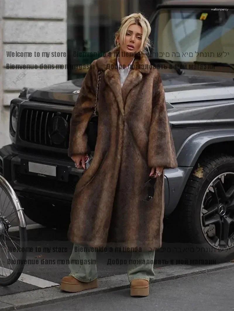 Women's Fur Coat Winter Fluffy Plush Warm Thicken Outerwear Dark Brown Faux Long Overcoat Single Breasted Fleece Trench