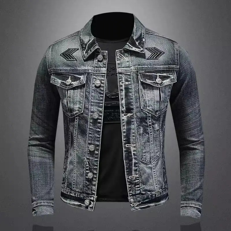 Mens retro denim jacket High Street trend loose street cyclist clothing handsome casual button up collar mens clothing 241108