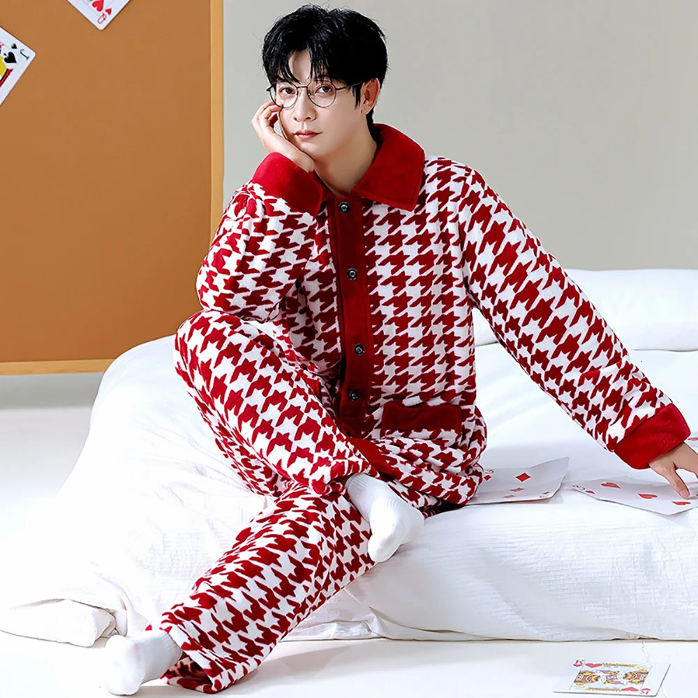 Mens Winter Thicken Flannel Plus Plush Double Warm Sleepwear 3XL Big Size Pajamas Casual Comfortable Soft Sriped Pajama Sets 241111