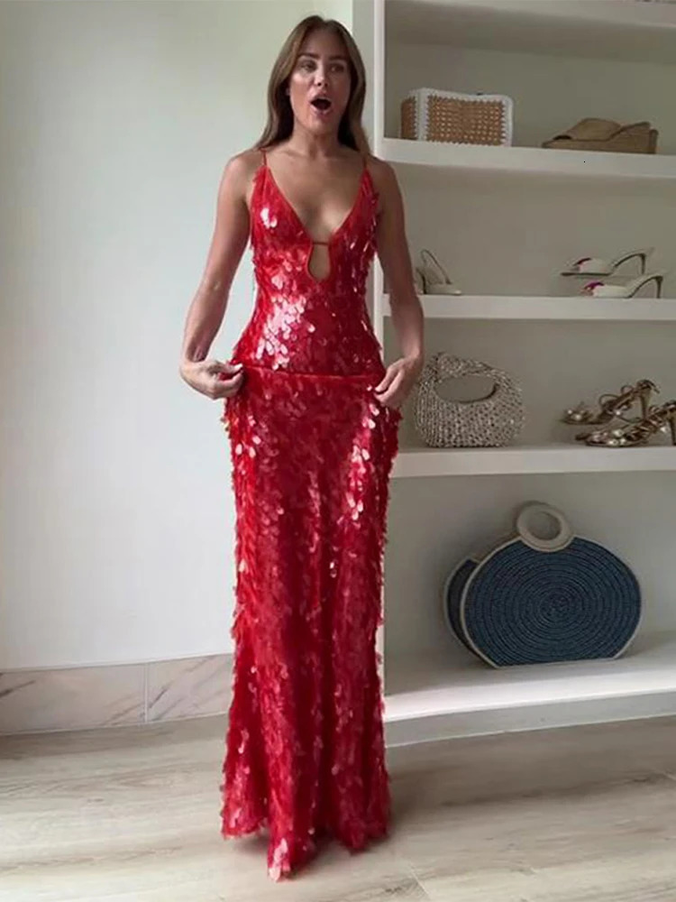 Glitter Sequins Spaghetti Straps Womens Evening Dress Sleeveless Backless High Waist Floor Length Lady Birthday Party Gown 241111
