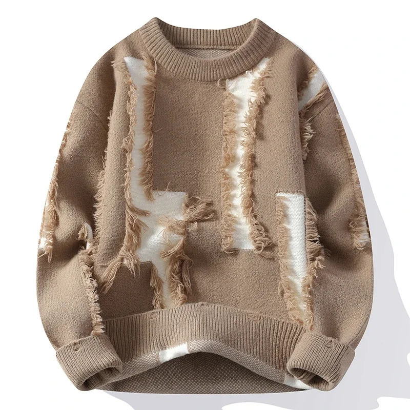 Ripped Sweater Mens Loose Crew Neck Knit Bottom Shirt Handsome Autumn Clothes on The Fashion Pullover 241111