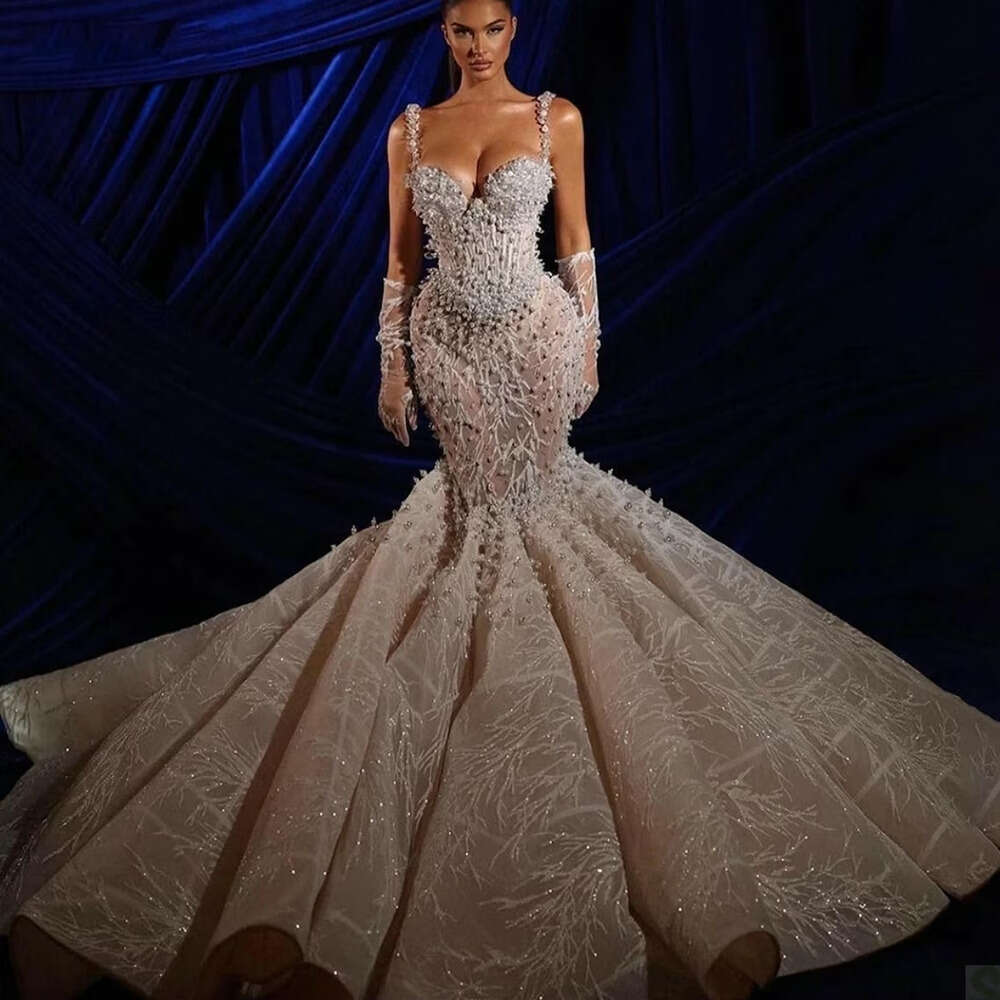 Sequined Pearls Bride White Fashion Sweetheart Spaghetti Straps Beading Lace Court Train Mermaid Wedding Dress