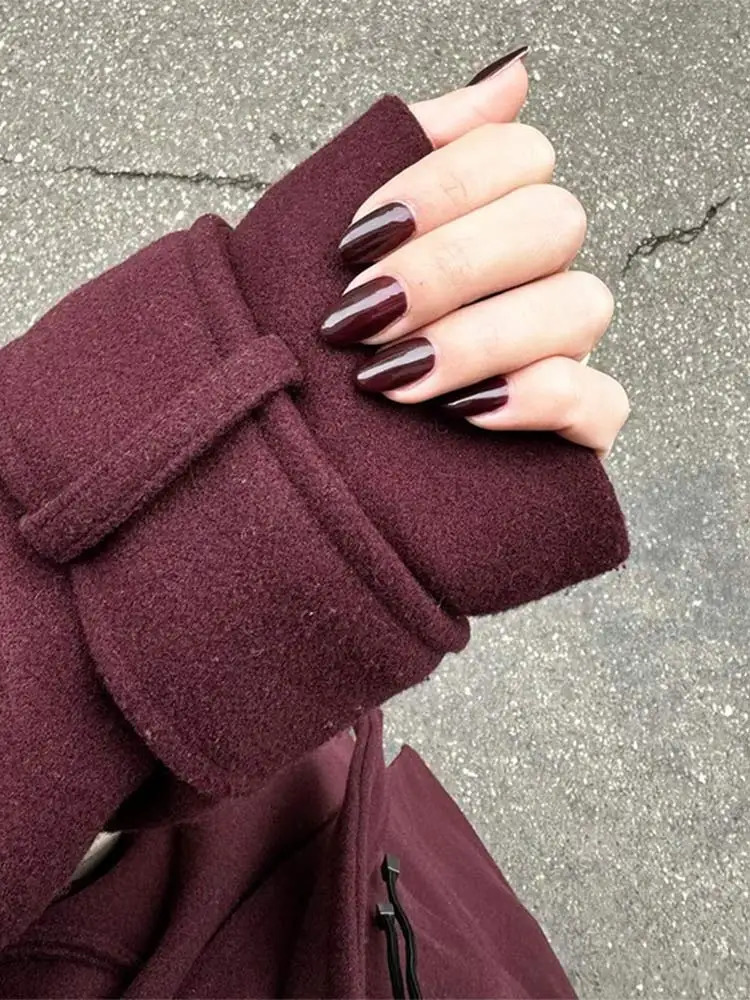 Elegant Burgundy red wool blend long coat with waistband fashionable lapel long sleeved coat autumn and winter office streetwear 241111