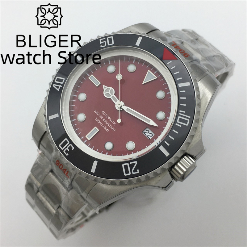 BLIGER 43mm SEA Red Dial Sapphire Crystal Ceramic Insert Rotating Bezom PT5000 NH35 MIYOTA 8215 Automatic Mechanical Men's Watch