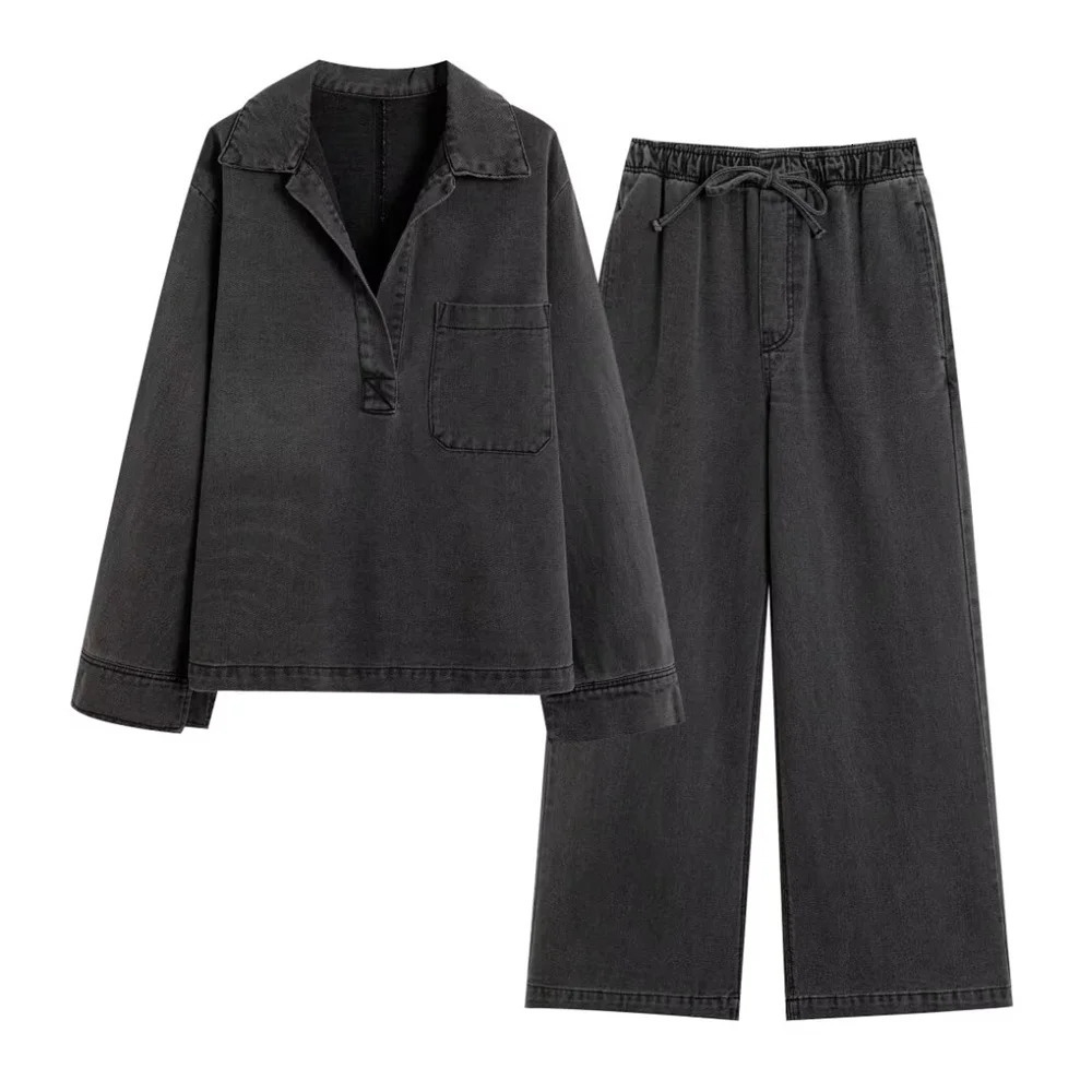 UNIZERA Autumn Product Fashion Womens Loose Casual Collar Long Sleeve Cowboy Top Drawstring Wide Leg Pants Set 241111