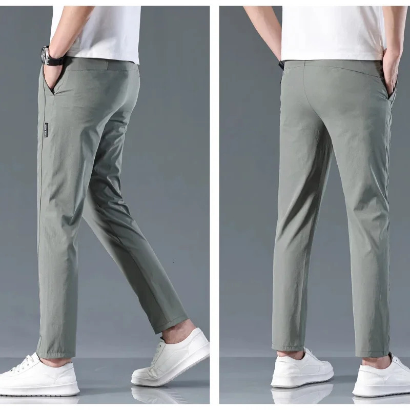 Mens casual pants semi elastic waistband nylon ice silver elastic straight tube light gray business gentleman summer casual 241111