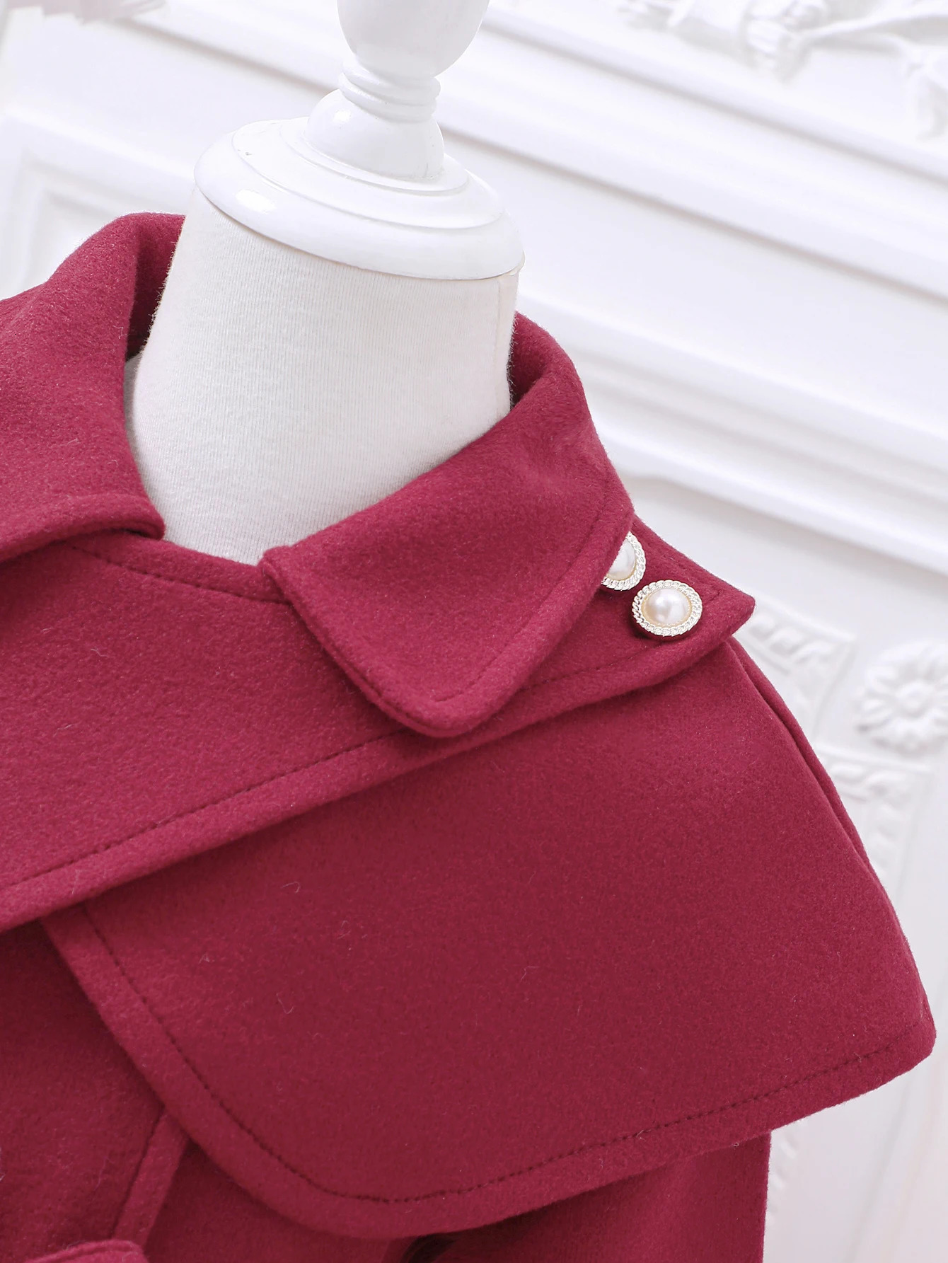 Girls Autumn/Winter Fashion Lace Up Cloak Flip Collar Red Fleece Coat 241111