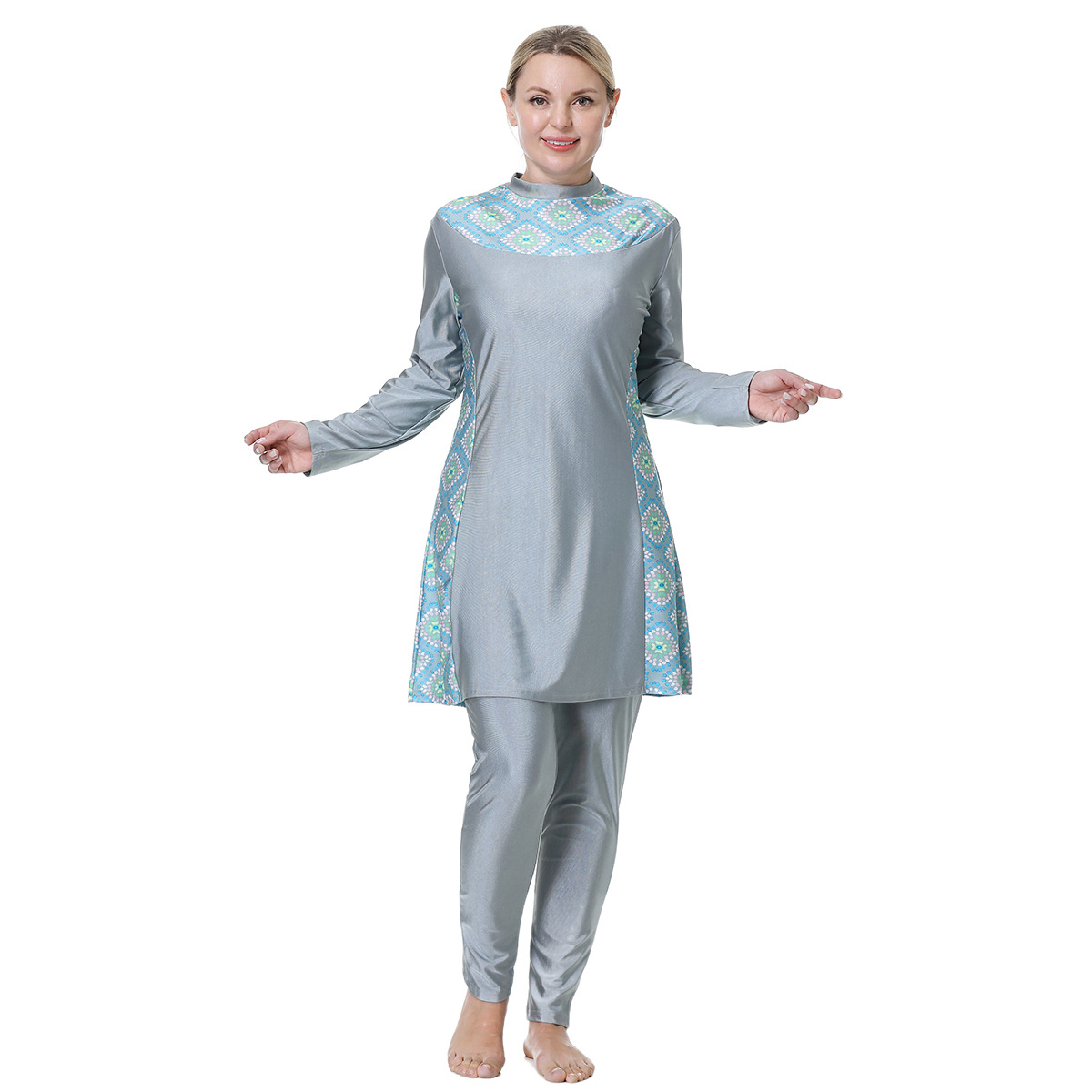 3 Piece Set Print Muslim Swimwear Women Long Sleeve+Top Hat+Pant Swimsuit Khimar Dubai Turkey Islam Clothing Burkini Mujer 2024