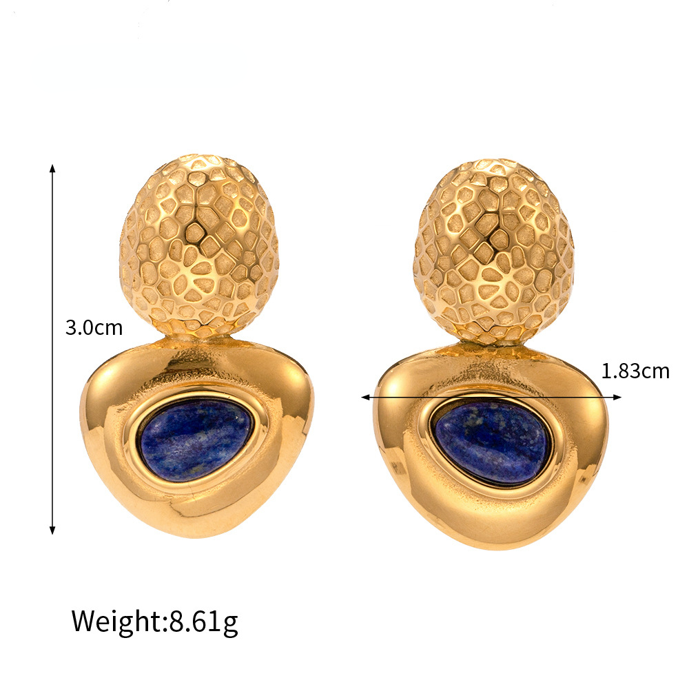 Fashionable 18k Gold Stainless Steel Earrings for Women's Lapis Lazuli Oval Hammer Pattern Connection Triangle Banquet Party Designer Earrings