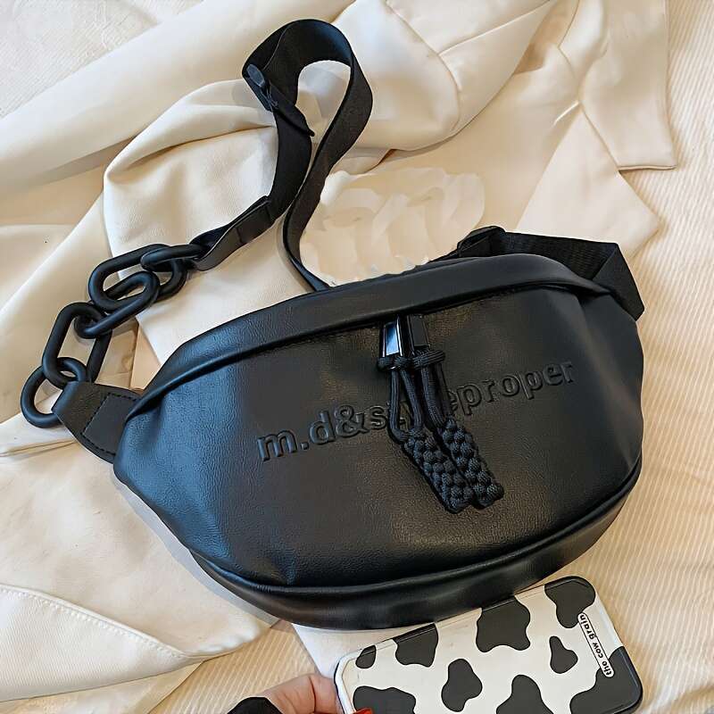 Fashion Trendy Letter Pattern Fanny Pack Crossbody PU Leather Chest Bag with Chain Strap for Street Wear, Casual Day Outings, Music Festivals - Stylis