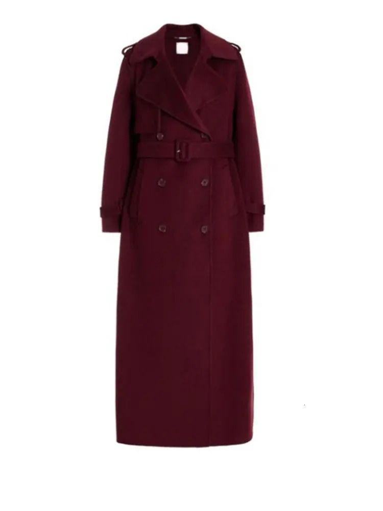 Elegant Burgundy red wool blend long coat with waistband fashionable lapel long sleeved coat autumn and winter office streetwear 241111