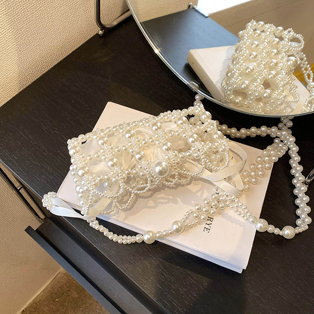 Women Beading Shoulder Bag Handmade Beaded Evening Clutch Purse Retro Pearl Exquisite Elegant Shiny Banquet Party Bag