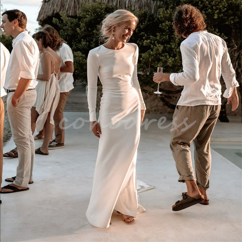 Minimalist Mermaid Wedding Dress For Bride Graceful Long Sleeve Satin Sexy Open Back Boho Bridal Gowns Garden Outdoor Western Vestio Novia Robe De Mar