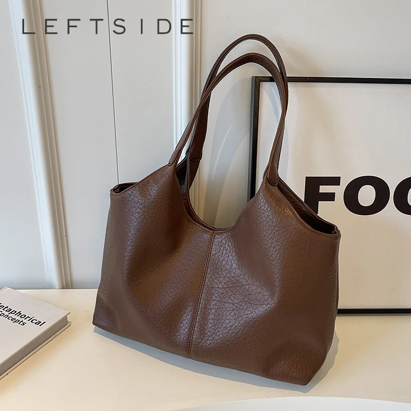 LEFTSIDE Fashion Retro Leather Tote Bags for Women Tend Female Simple Large Capacity Shoulder Bag Big Solid Color Handbags 240402