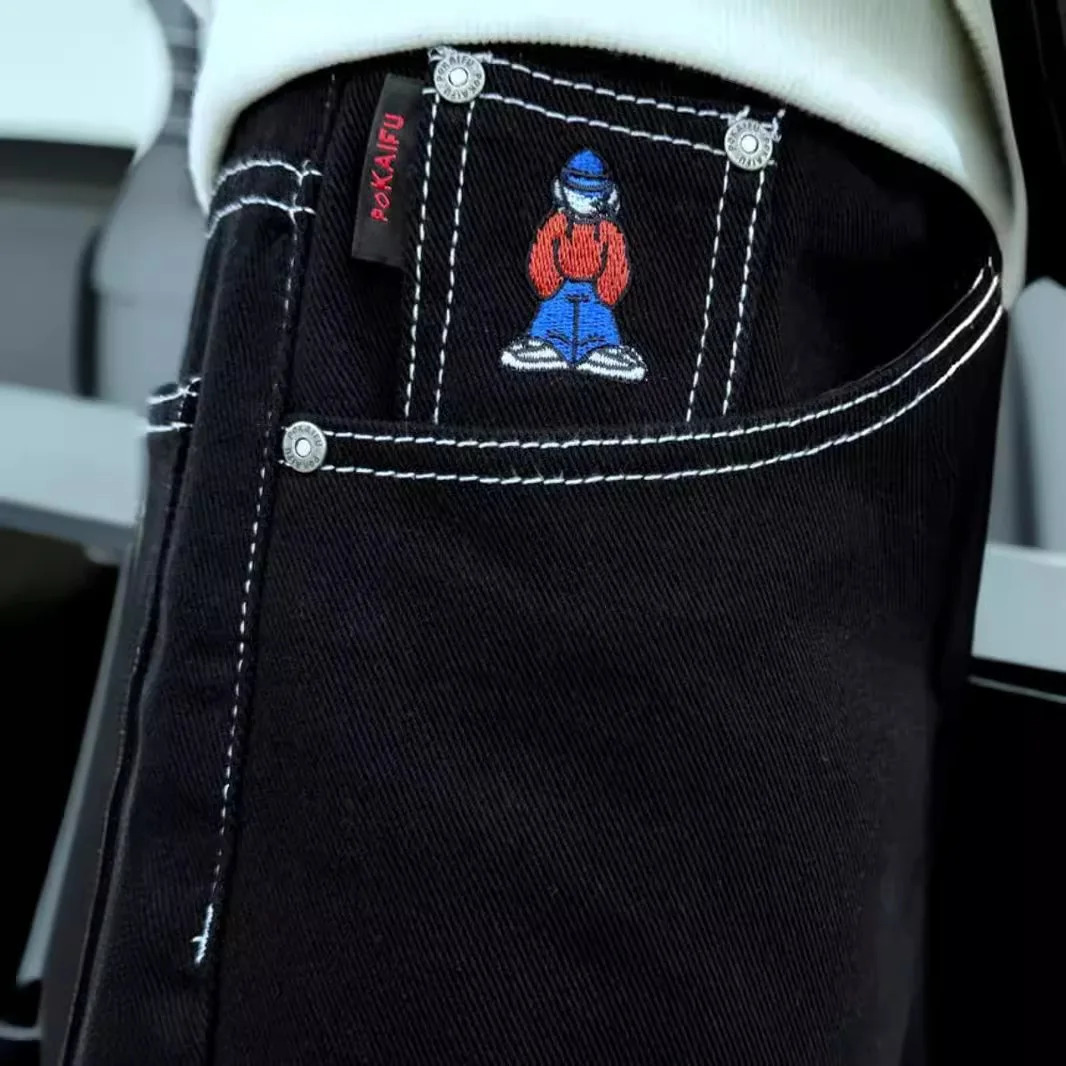 Y2K PoKAIFU High Street Hip Hop Embroidery Pattern Straight Jeans Mens fashionable casual and versatile jeans 241111