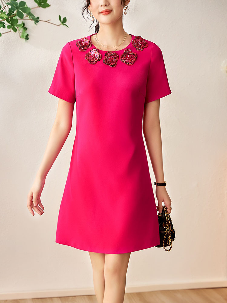 ZJYT Runway Designer Summer Dresses for Women Sequined Floral Party Short Sleeve Simple Vestidos De Fiesta Loose Casual Robe