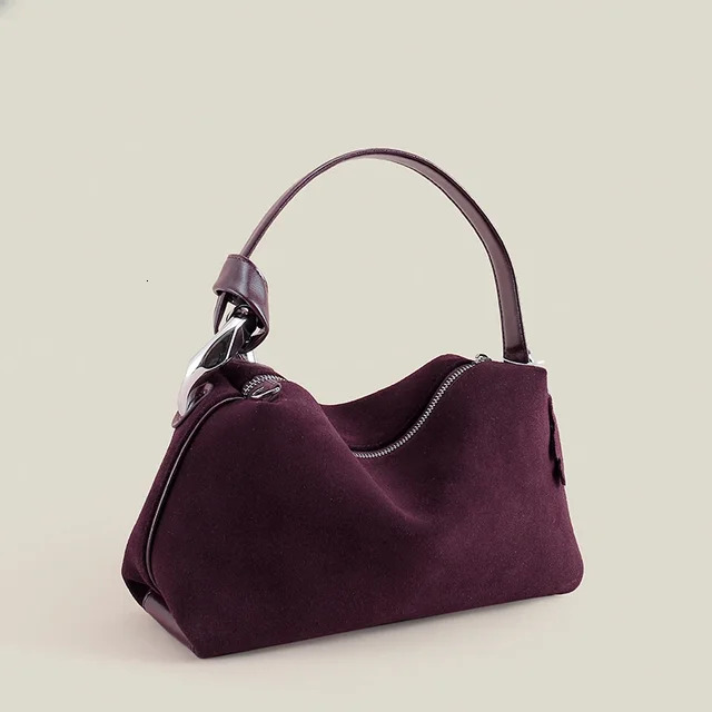 Dark Red Coffee Matte Suede Leather Pillow Tote High Quality Women's Handbag Winter Autumn Female Shoulder Bag Suede Vintage Style BagVoyage