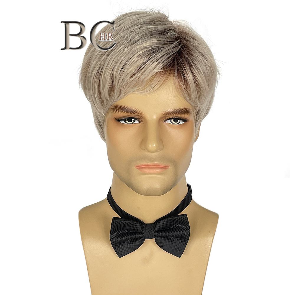 BCHR Short Men Blonde Wigs Synthetic Natural Straight Ombre Brown Roots Side Part Hairline Bangs Male Wig
