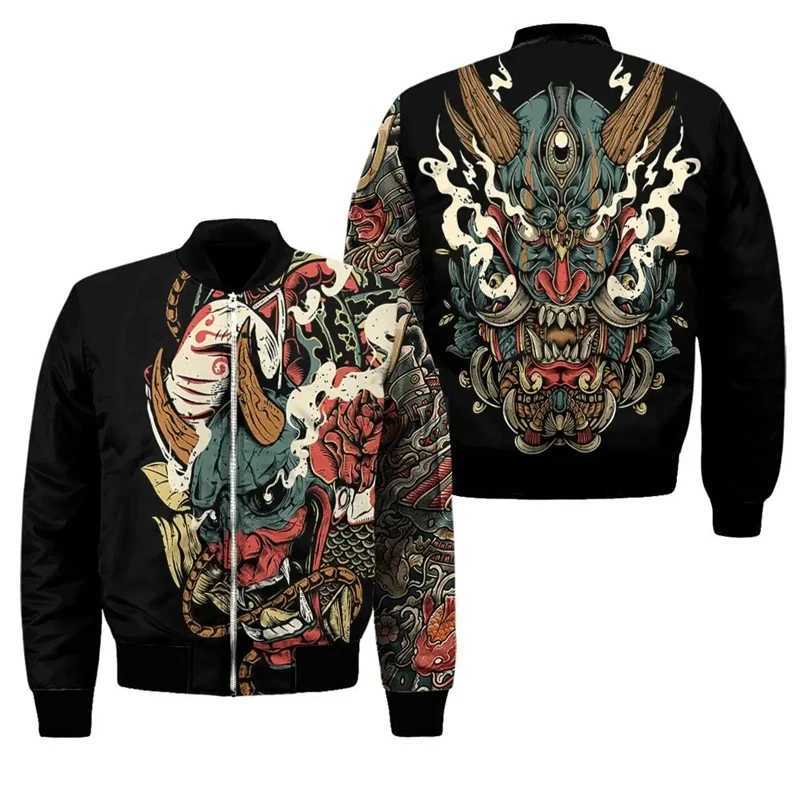 Spring and Autumn Mens Bomber Jacket Warrior Oni Mask Tattoo 3D Full Print Zipper Track Set Street Casual Zipper Jacket Clothing W241111
