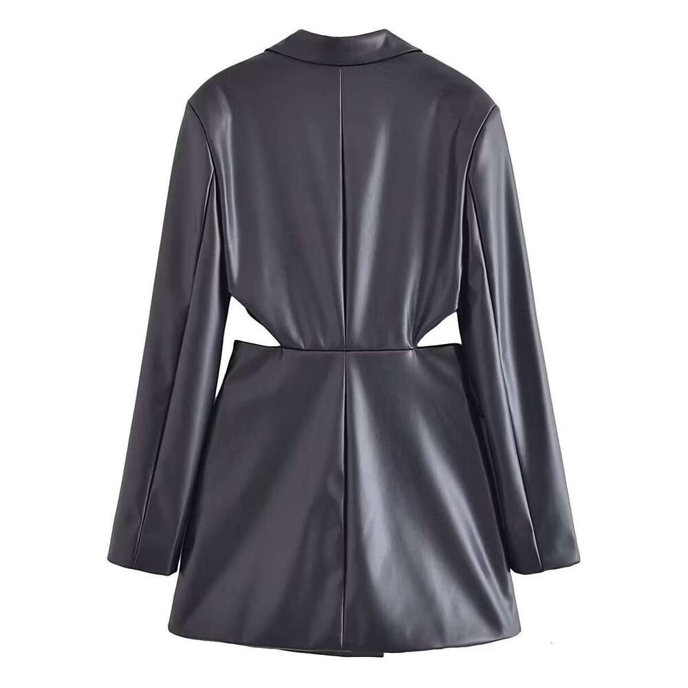 shanshi leather jacket women Spring New Product: Women's Waist Hollow out Imitation Leather Suit Coat Dress PU Short Skirt