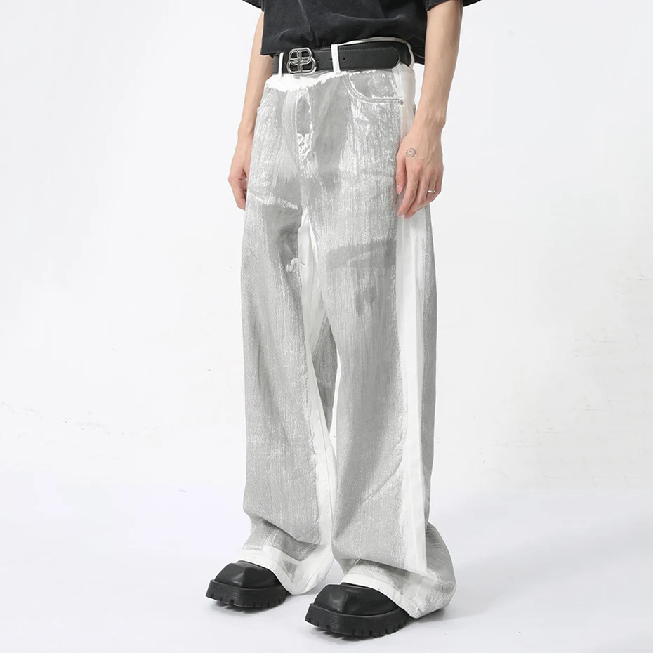 Mens white bagged jeans dirty printed apron Y2K loose straight denim pants Harajuku Super Street jeans mens Trousers 241108