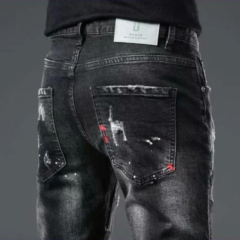 Mens jeans torn and broken Trouser with printed mens jeans tight fitting tube Grunge Y2k hole tight fitting patch suitable for tearing Xs 241108