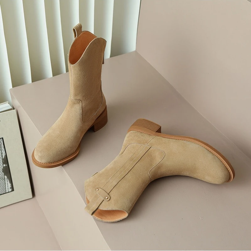 Women Pointed Toe Suede Chelsea Autumn Winter 2023 New Wedge Heel Western Cowboy Boots Slip-On Ankle Wholesale Zapatos De Mujer