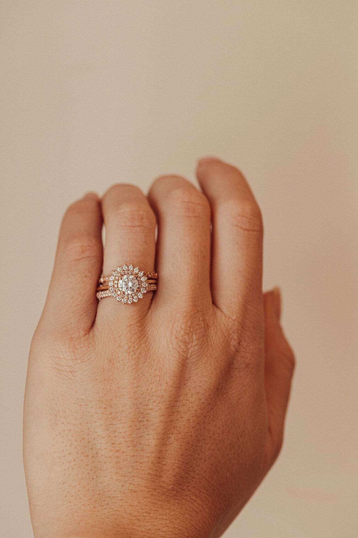 Engagement Moissanite 6mm Round DEF Dia Wedding Ring Double Halo wer Vintage Rose Gold Black Women's CLASSIC Lovers gorgeous