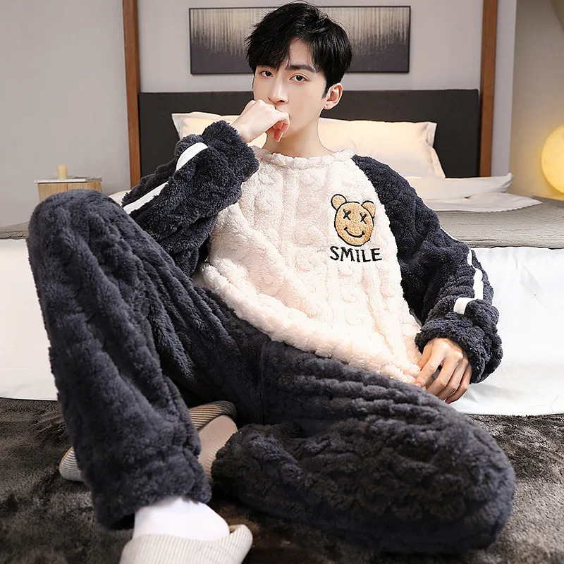 Higher Quality Thickened Warm Plus Size Mens Pajamas Autumn and Winter Student Nightwear Loungewear Striped Sleepwear Homewear 241111