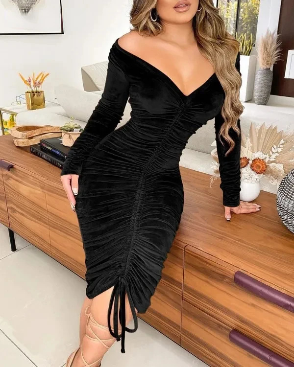 BWQ Women Velvet Drawstring Ruched Up Off Shoulder Long Sleeve Bodycon Midi Dress Sexy Party Club Night Pencil Dresses 241111