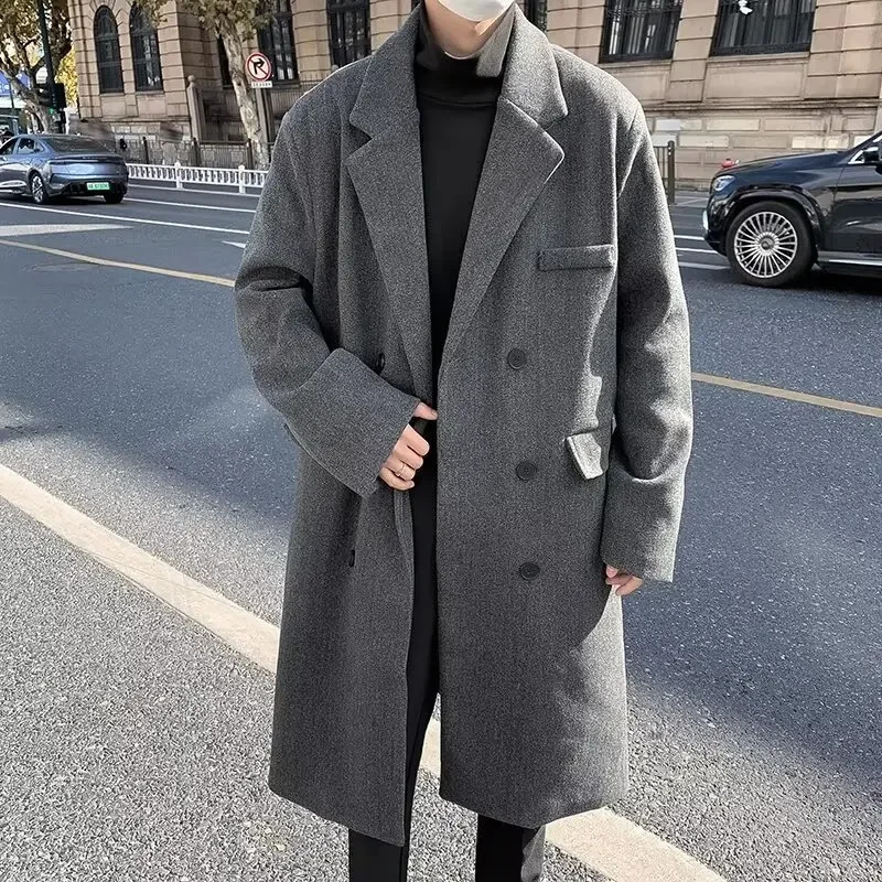 Winter Woolen Overcoat For Men Medium-length Casual Loose Fit Double Breasted Jacket Trendy Fashion Outerwear 241111