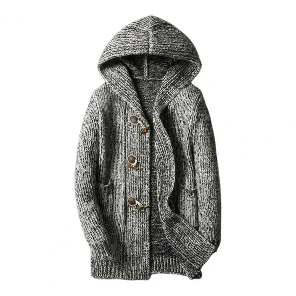 New Arrival Mens Hoodie Knitted Horn Button Hoodie Single breasted to Keep Warm Wool Blended Thick Grey cardigan Suitable for Daily Wear Z241111