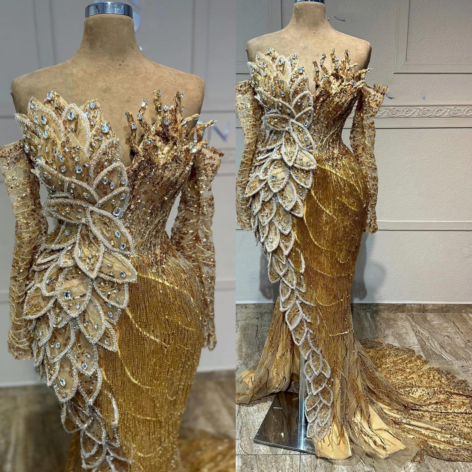 2024 Plus Size Gold Mermaid Prom Dresses For Special Occasions Crystals Florals Tassels Luxurious Evening Party Birthday Gowns Dress For Women Vestido