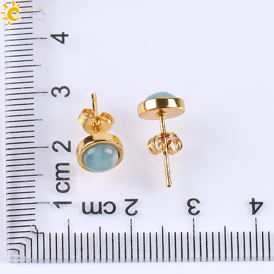 CSJA Cute Tiny Round Stud Earrings for Women Gold Color Ear Piercing Natural Gem Stone Bead Onyx Black Crystal Earring E596
