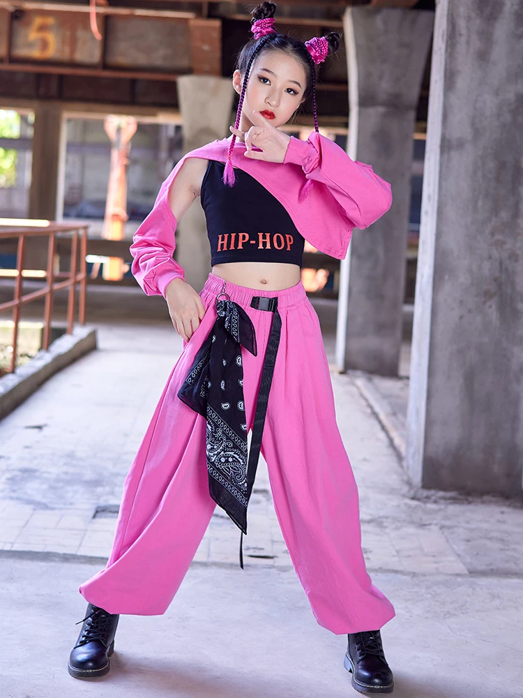 2022 Jazz Dance Costume For Girls Crop Tops Pants Pink Kpop Hip-Hop Performance Outfits Kids Hip Hop Clothing Stage Wear BL9495