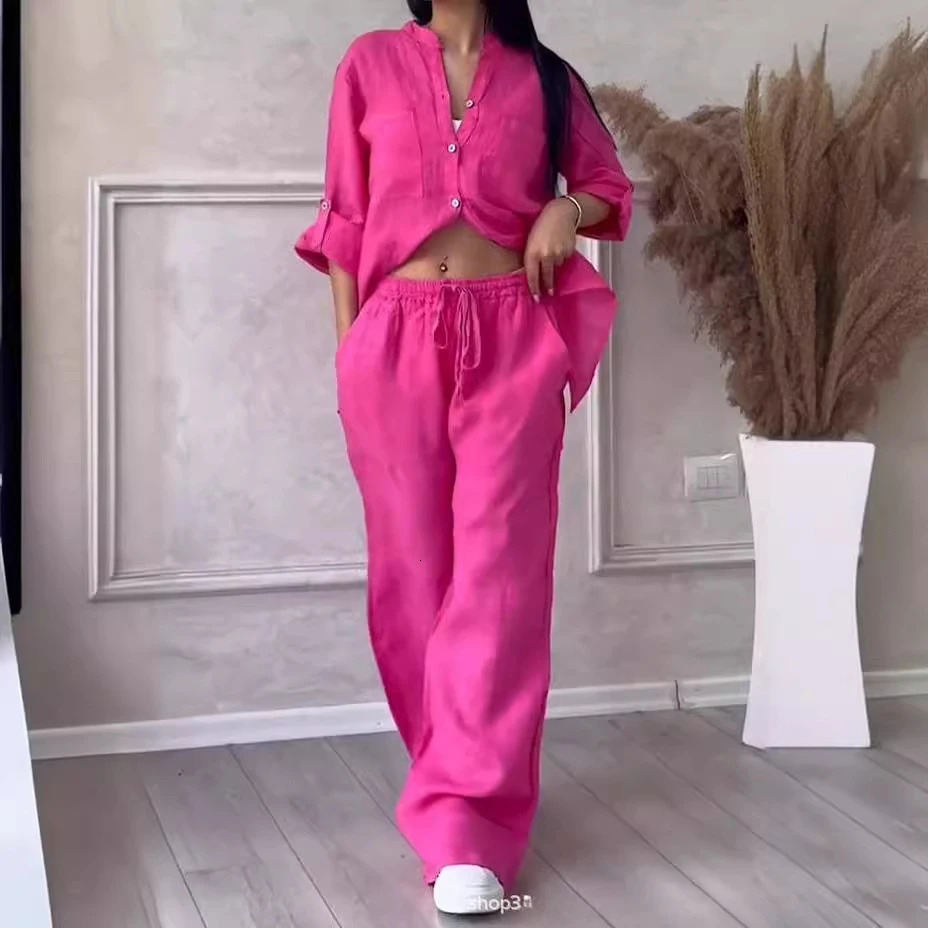 Elegant Women Linen 2 Piece Set Long Sleeve Shirt Wide Leg Pants Plain Color Loungewear Fall Winter Two Piece Matching Outfits 241111